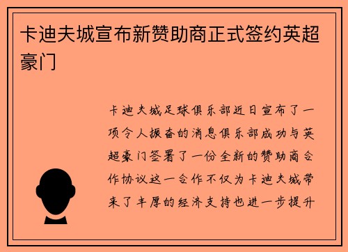 卡迪夫城宣布新赞助商正式签约英超豪门